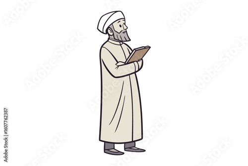 Man in traditional attire sits cross legged reading a book with eyes closed and head tilted back in prayer or contemplation
