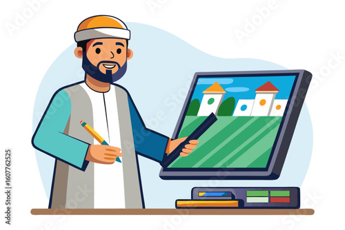 Man in traditional arab attire with falcon in desert landscape