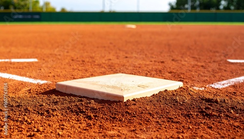 Close-up of a baseball base on a sun-drenched field