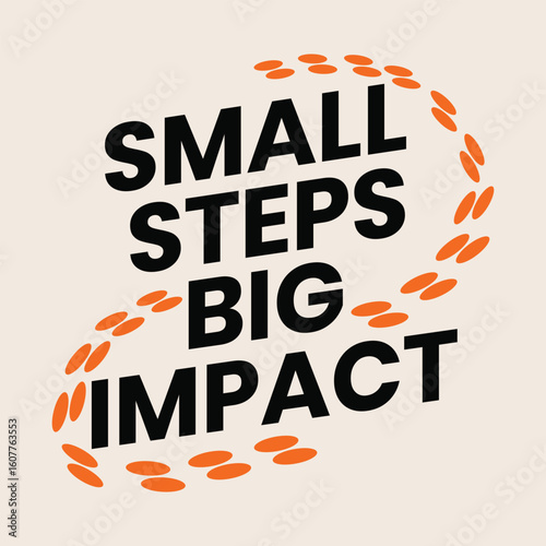 A vibrant graphic design of the phrase small steps big impact in bold with playful orange footprints circling the text, set against a neutral background to enhance visibility