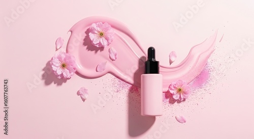 Pink Skincare Serum Bottle with Cherry Blossoms and Swatch