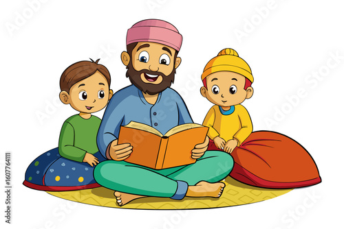 Young muslim woman in hijab selects a book from a library bookshelf in this charming illustration