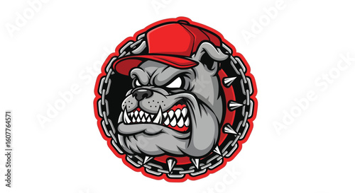 Angry Bulldog Mascot with a Red Cap and Spiked Chain