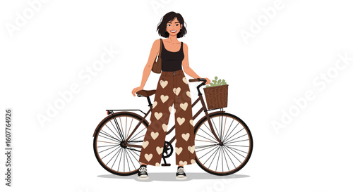 Stylish Woman with Heart-Patterned Pants and a Bicycle