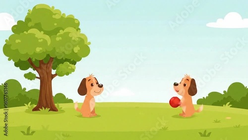 Character animation of dog chasing ball in park with emotional story and looping arc in 2D