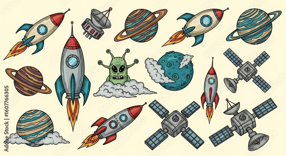 Naklejka premium Set of quirky space exploration illustrations. Doodle drawings of retro rockets, aliens, planets, and satellites. Sci-fi comic book style with a vintage touch