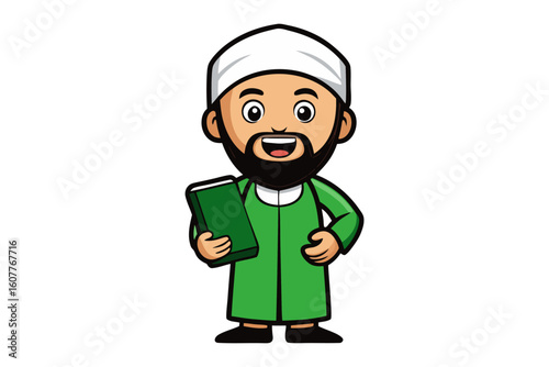 Friendly cartoon muslim man wearing a white kufi and traditional robe holding a pointer stick by a lectern