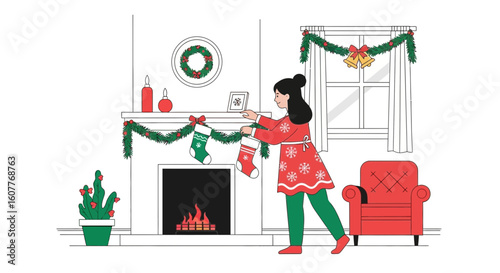 Festive Preparations Woman Decorating Home For Christmas Holidays Celebrations