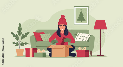 Festive Unboxing Joy A Young Woman's Delight In Opening Christmas Gifts At Home