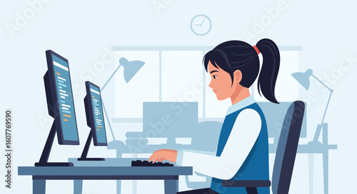 Focused Software Engineer Working on Two Displays in Modern Office Space