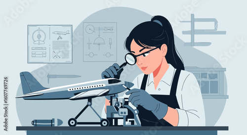 Focused Woman Carefully Assembling a Model Airplane in her Workshop