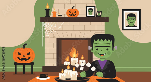 Frankenstein Relaxing And Roasting Marshmallows In Front Of The Fireplace At Home