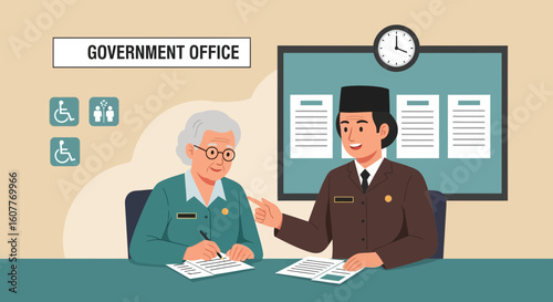 Friendly Government Official Assists Senior Citizen With Paperwork In Office