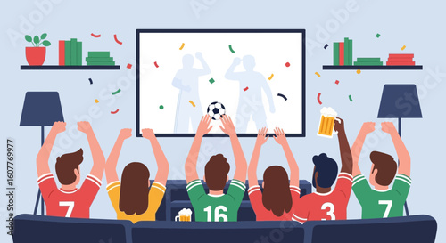 Friends Celebrate Soccer Victory Watching Television With Beer At Home
