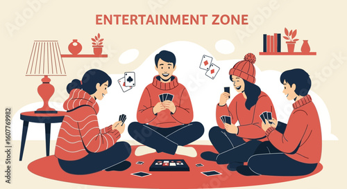 Friends Gathered In Living Room Play Card Games Together Happily