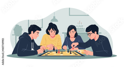 Friends Enjoying A Strategy Game Together At Home In Leisure Time
