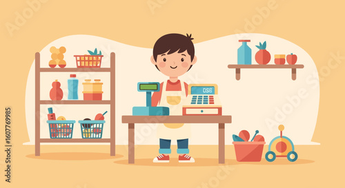 Friendly Little Shopkeeper Working At The Counter With Products And Toys