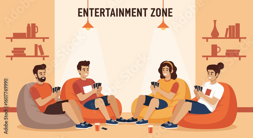 Friends Gathered In The Entertainment Zone Playing Cards And Enjoying The Atmosphere
