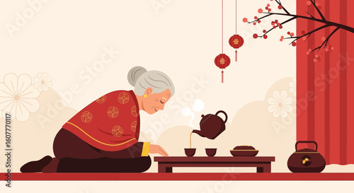 Gentle Moment Grandma Pours Traditional Tea During Chinese New Year Celebration