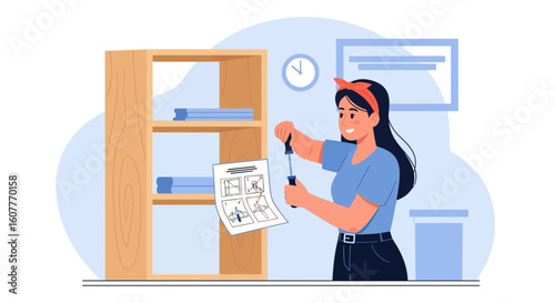 Girl Assembling Furniture with Screwdriver Following Instruction For Interior Decor