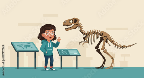 Girl At Museum Observing Dinosaur Skeleton With Information Display Boards