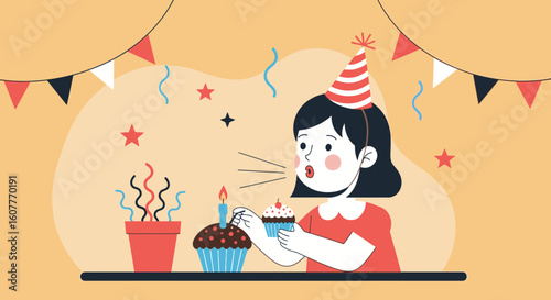 Girl Blowing Out Candles On Her Birthday Cupcakes While Making A Wish