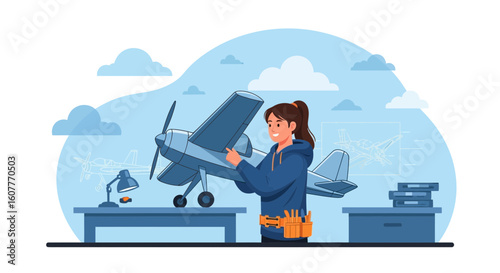 Girl Crafts Vintage Airplane Model At Home Hobby And Creative Time