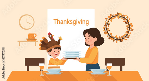 Joyful Thanksgiving Meal Preparation With Family And Autumnal Decoration