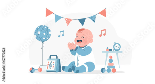 Joyful Toddler Celebrates with Toys and Music on Baby Party