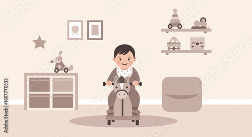 Joyful Toddler Adventures On A Wooden Horse In A Playful Nursery Decor