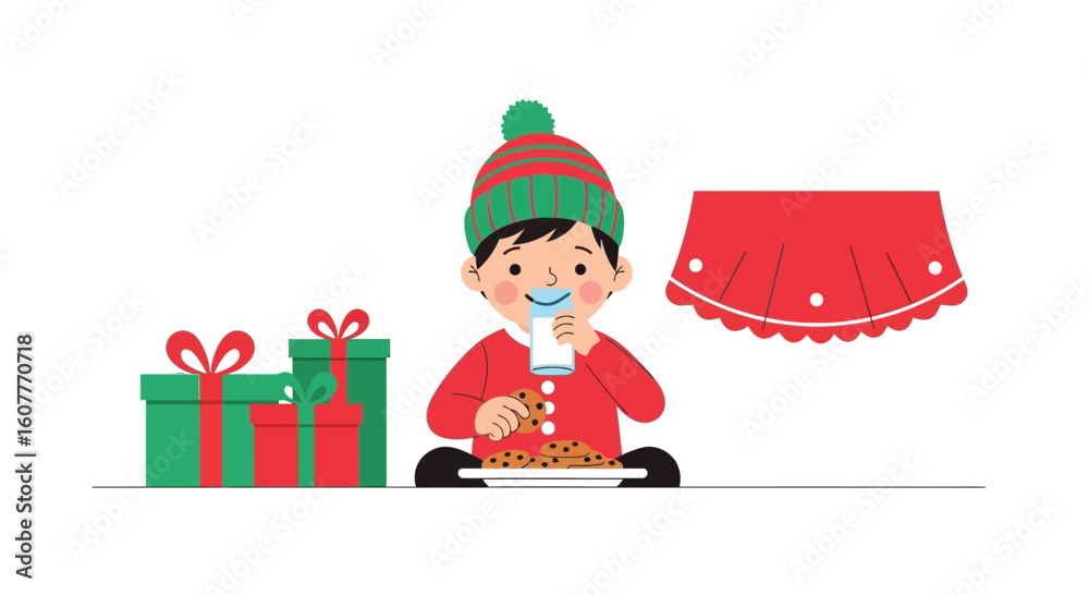 Obraz premium Happy Holiday Celebrations Boy Drinking Milk And Cookies By The Christmas Tree