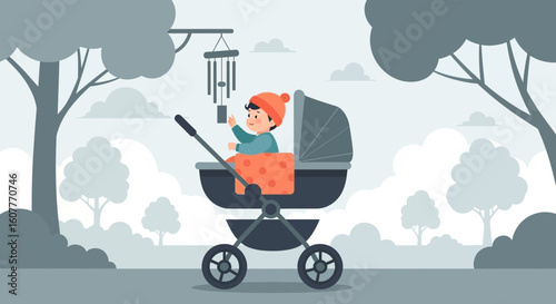 Happy Infant Discovering The World Sitting In The Stroller Outdoors