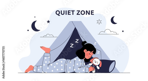 Girl Dreaming Inside Tent, Calmness And Good Night Sleep In Cozy Place