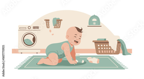 Happy Infant Playing With Laundry And Crawling In The Laundry Room