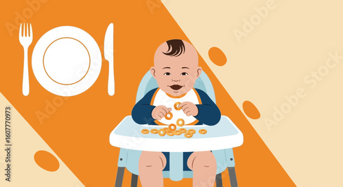 Happy Infant Plays With Food In Highchair, Cheerful Meals For Little Ones