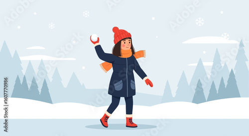 Girl Enjoying A Snowball Fight In A Winter Wonderland Scene