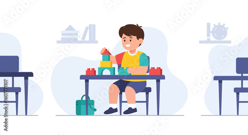 Happy Kid Building Blocks At His Desk During Playtime Imagination Concept
