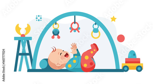 Happy Infant Under Activity Gym Enjoying Colorful Toys With Baby Accessories