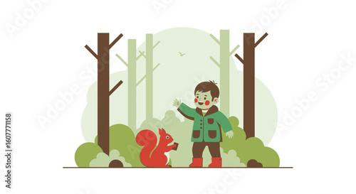 Happy Kid Meeting Squirrel In Forest Scene Cartoon Illustration