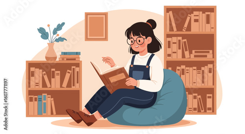 Girl Enjoying Reading Book At Home On Beanbag Chair In Cozy Room