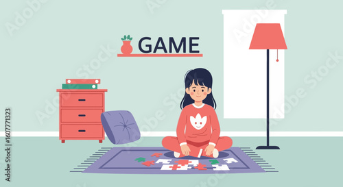 Girl Enjoys Solving Puzzle at Home in Her Room on a Cozy Afternoon