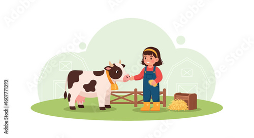 Girl Feeds The Cow At Farm With Barns In The Background Landscape