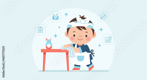 Happy Little Boy Helping With Chores By Wiping The Table For Cleaning