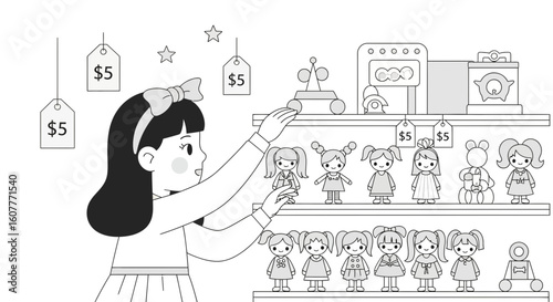 Girl In A Toy Store Shopping For Playthings At An Affordable Price