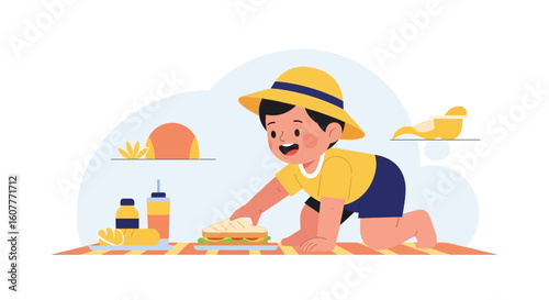 Joyful Toddler Reaching For A Tasty Sandwich During A Sunny Picnic Outing