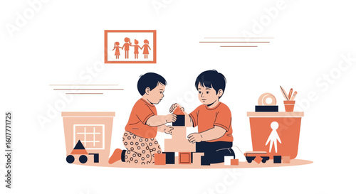 Joyful Toddlers Constructing Tower Of Colorful Wooden Blocks Together In Playroom