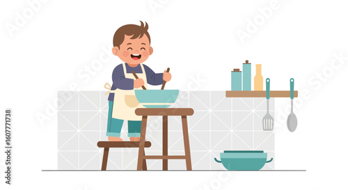 Happy Little Chef Prepares Food On Stool In Kitchen Scene Illustration