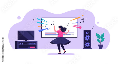 Joyful Woman Enjoys Music Streaming Service At Home In Her Apartment