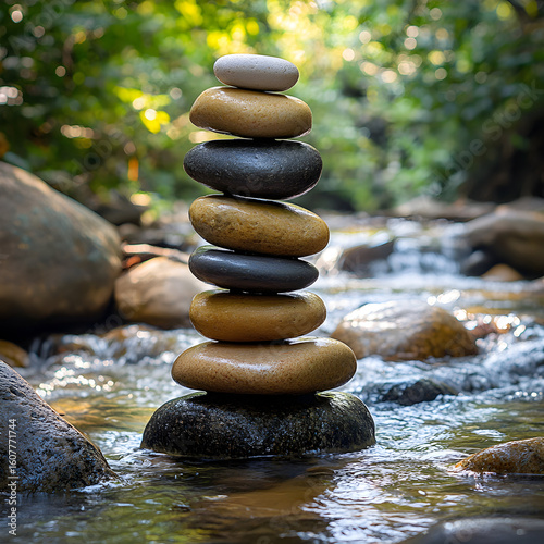 Stack of stones balanced on a rock in a stream.