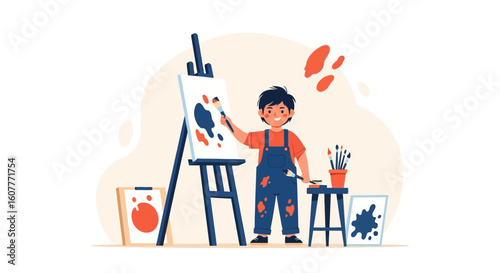 Joyful Young Artist Painting An Abstract Artwork With Easel In Studio